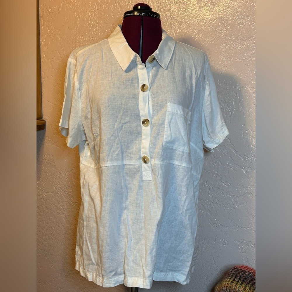 Christopher & Banks Cream Linen Blend Casual Button Down Shirt